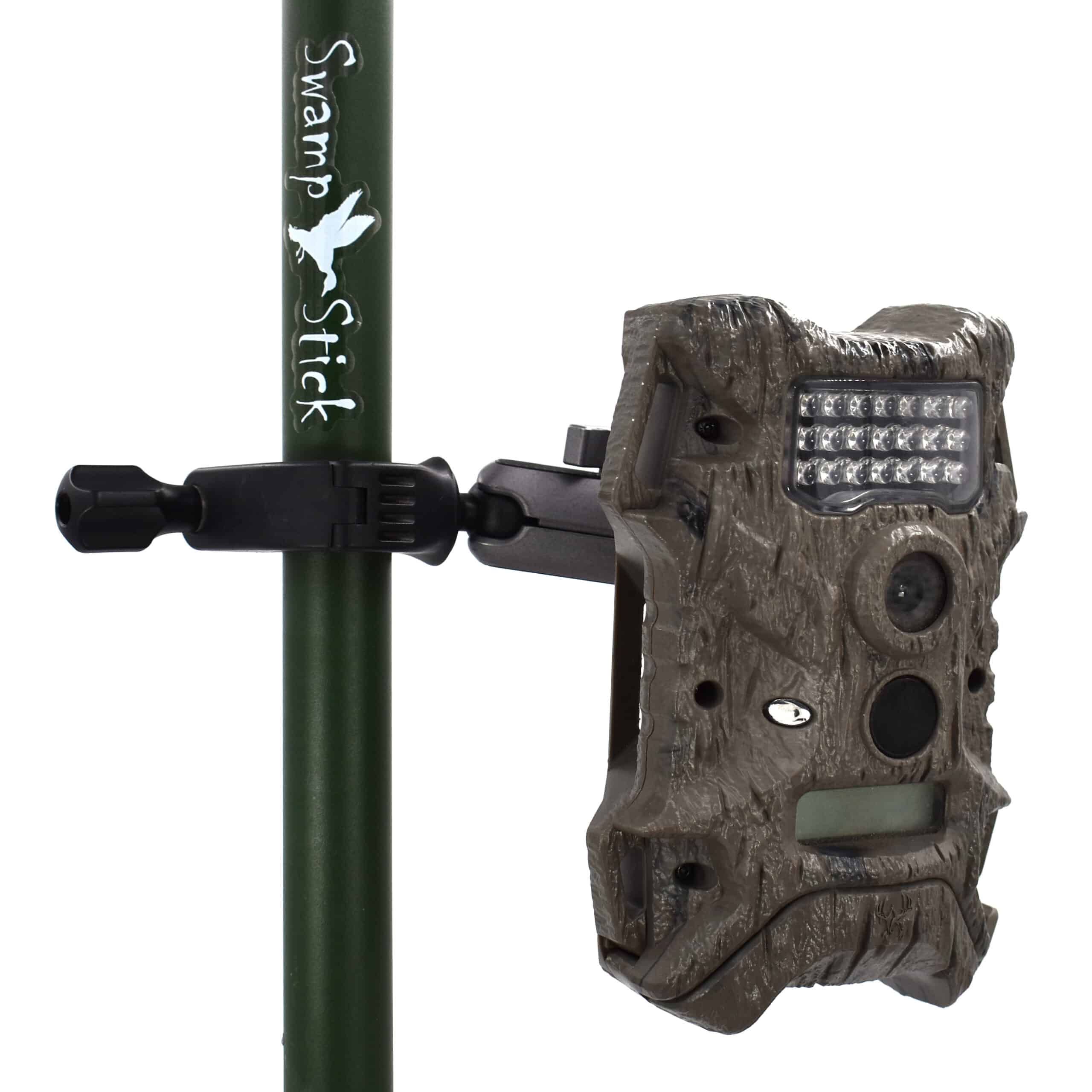 Trail camera mounted to the PGYTECH mount system attached to the Swamp Stick demonstrating it strength and versatility