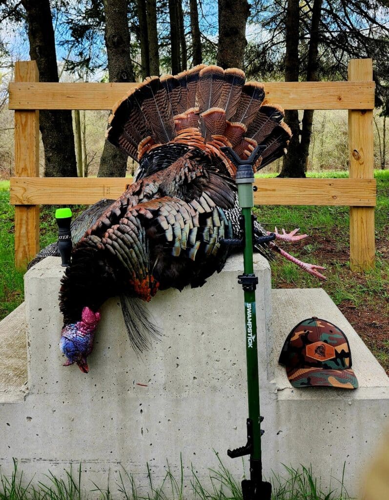 Harvested turkey displayed with a green Swamp Stick shooting rest, turkey call, and camouflage hat.